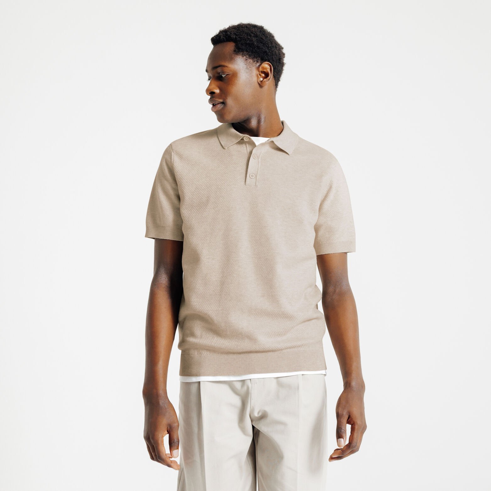 Polo en maille col boutonn&eacute; jeux de points