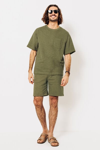 Ensemble tee shirt et bermuda textur&eacute; - Kaki