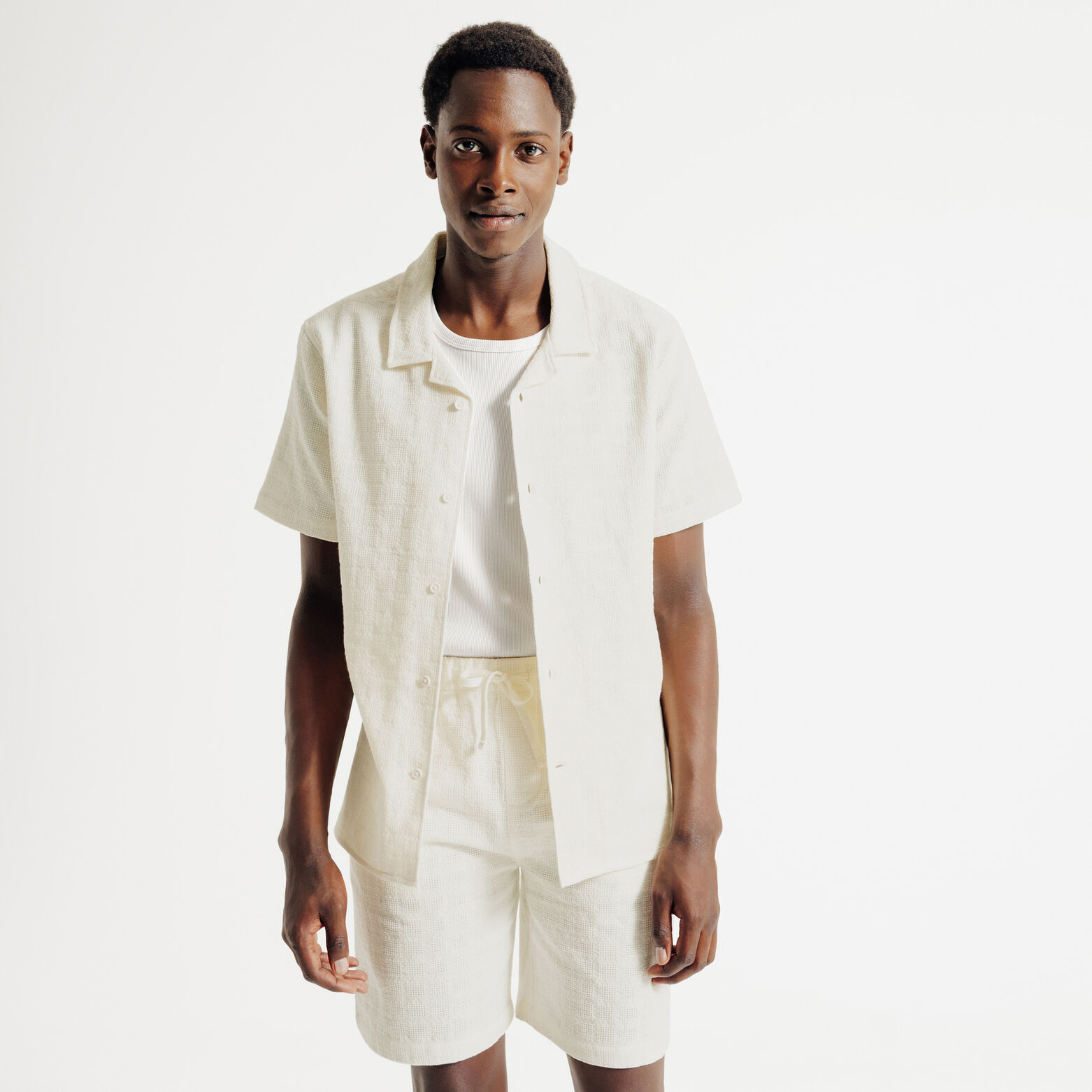 Het pakket jacquard katoenen overhemd short - Ecru