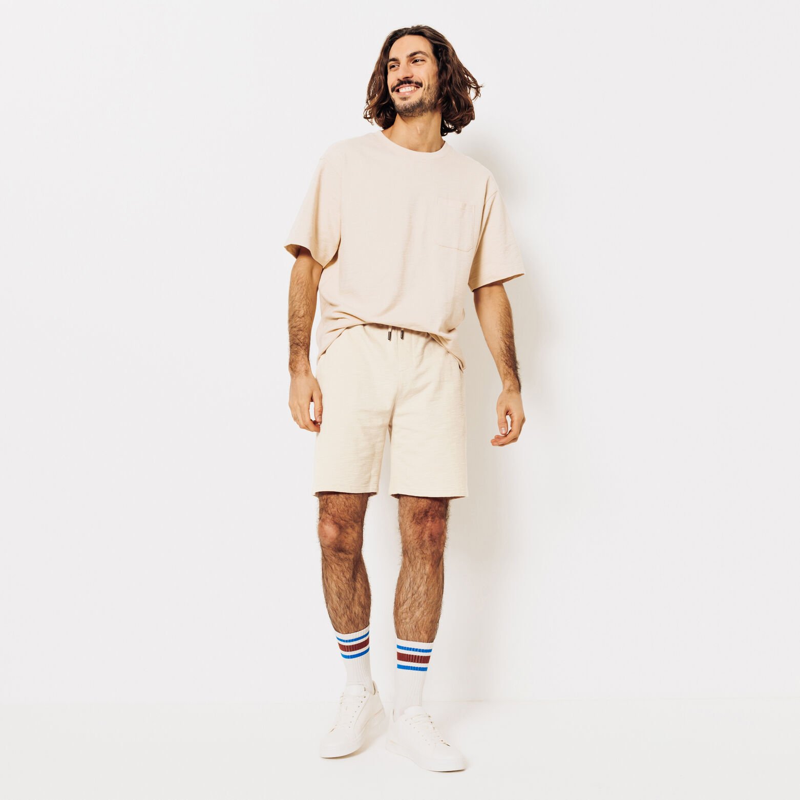 Ensemble tee shirt et bermuda textur&eacute; - Beige