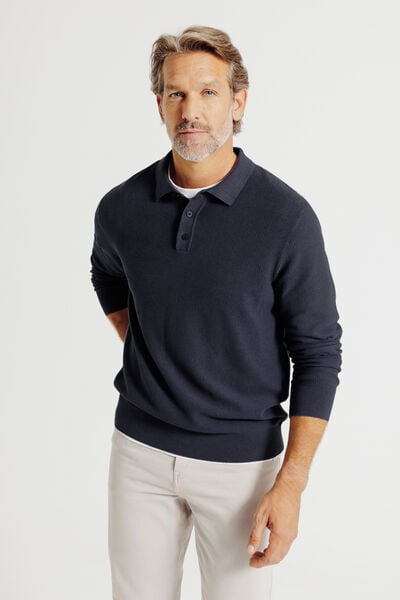 Polo in tricot met fantasie stekenpatroon en knoop