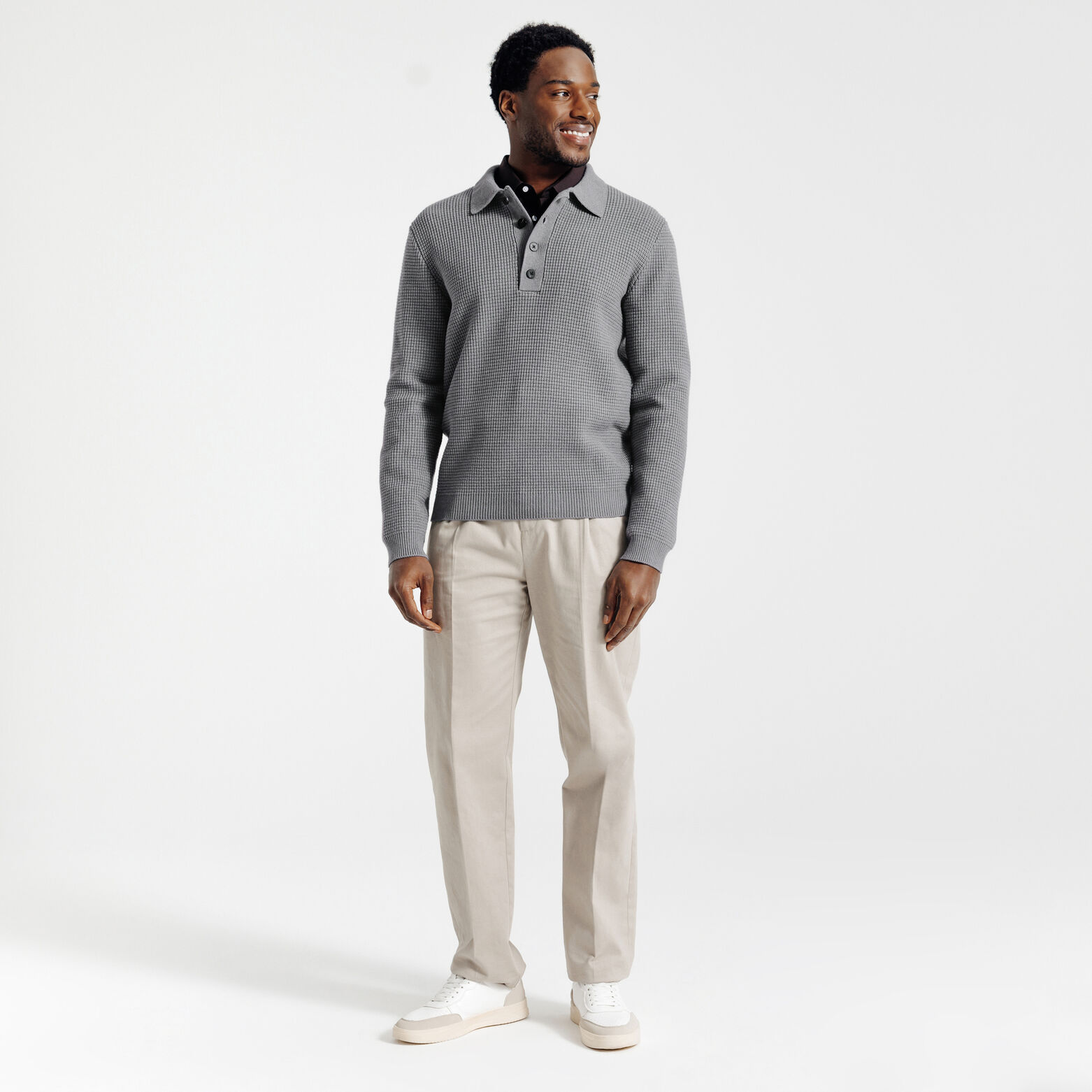 Pull col polo boutonn&eacute; gaufr&eacute;