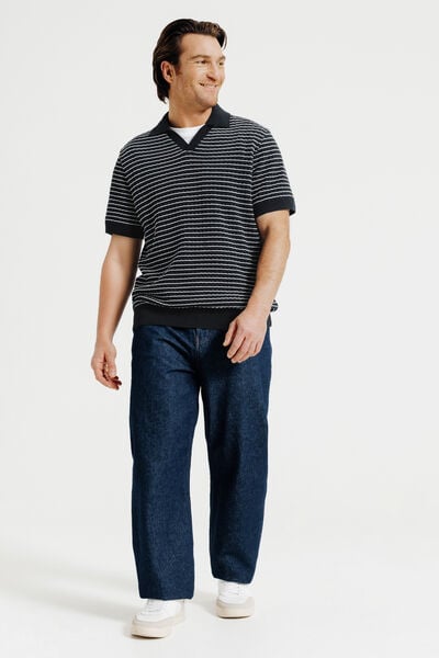 Pull manches courtes col polo resort ray&eacute; relief&eacute;