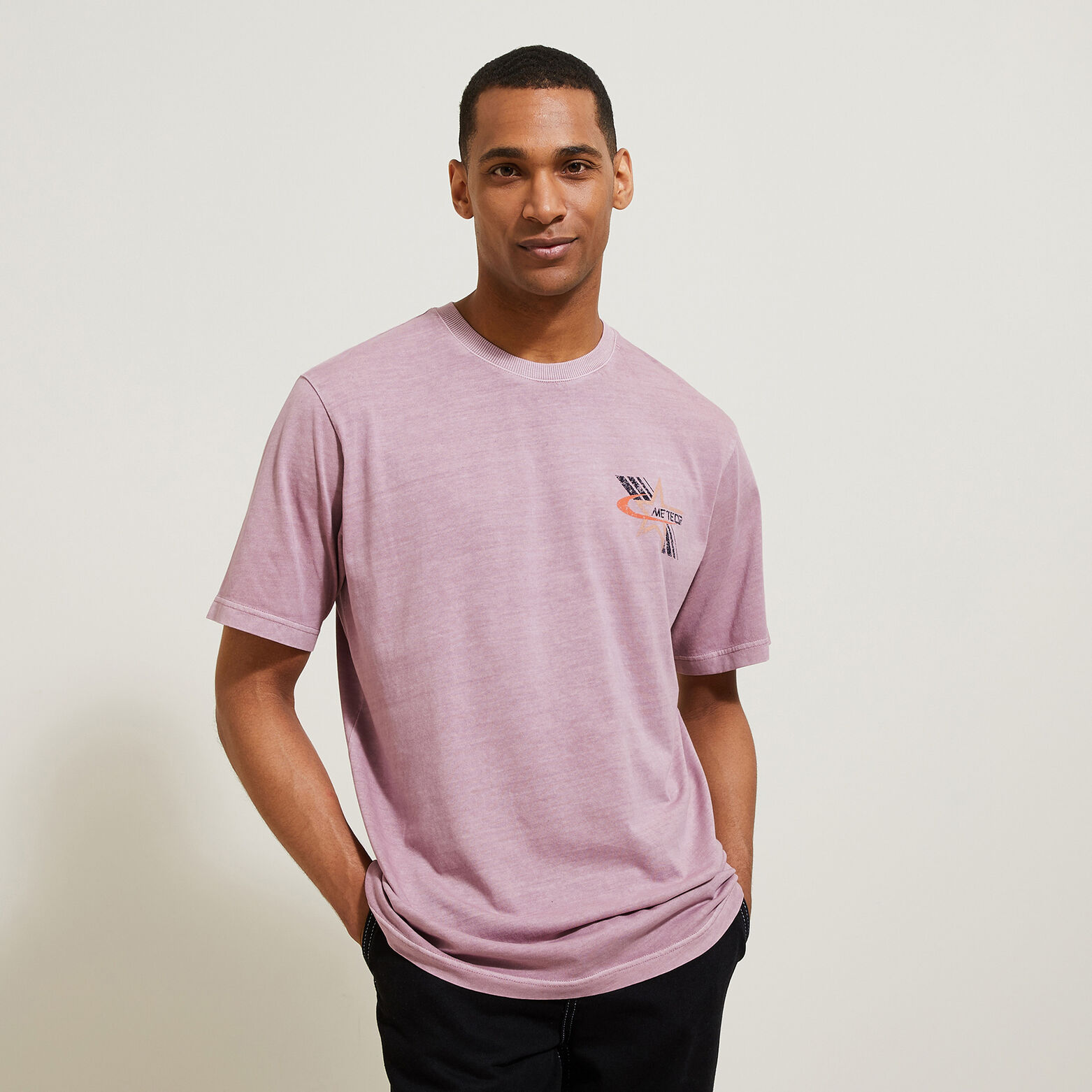 Tee shirt col rond imprim&eacute; poitrine en coton