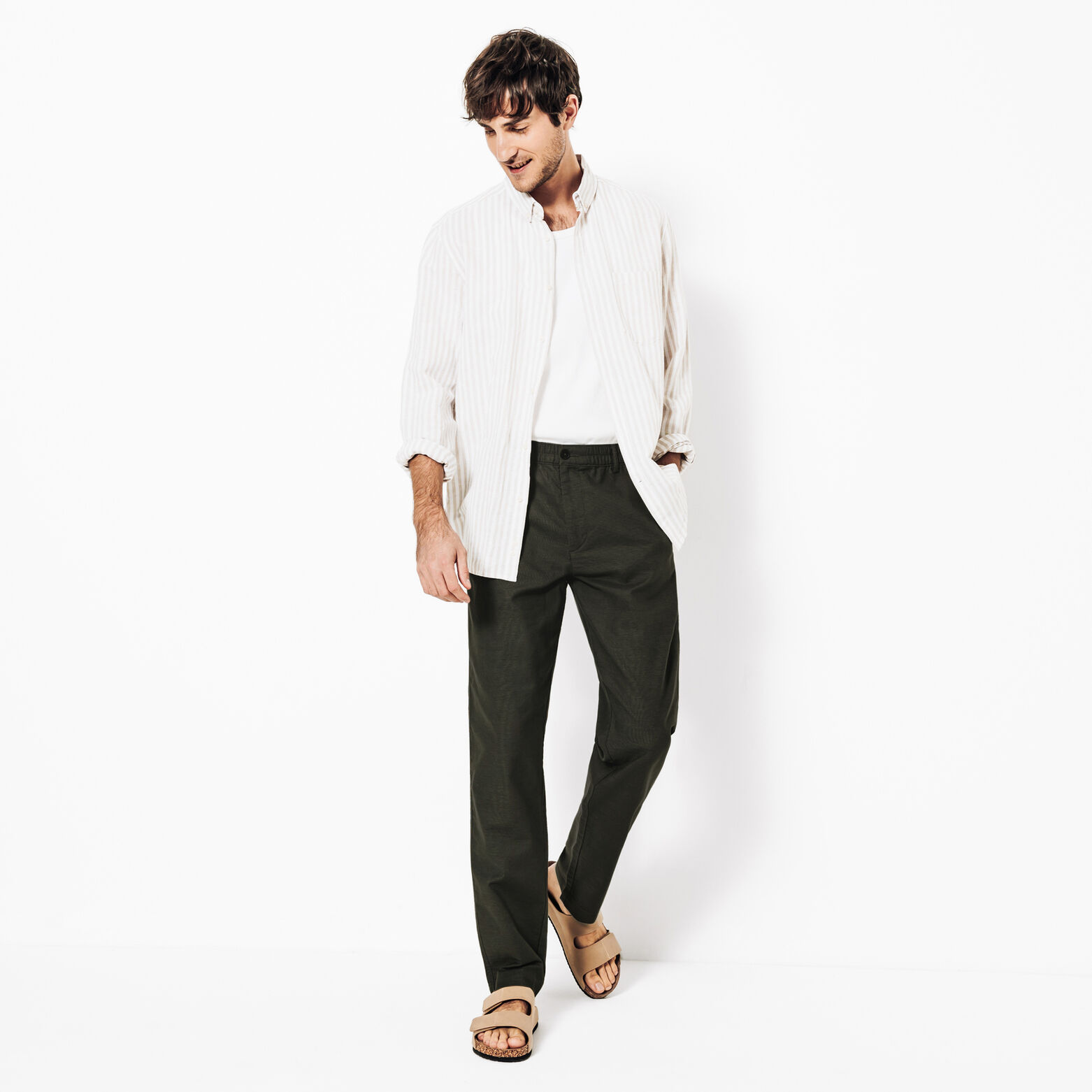 Pantalon droit m&eacute;lange coton lin