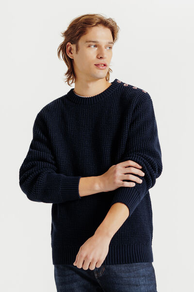 Pull col rond boutonn&eacute; gaufr&eacute;