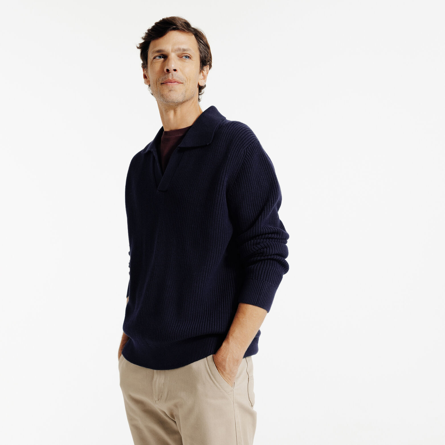 Polo en maille col resort manches longues