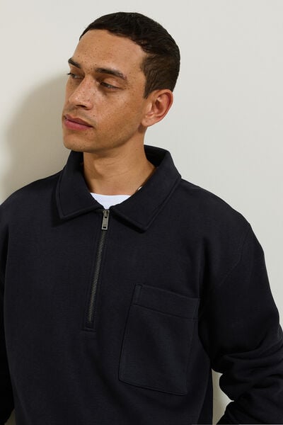 Sweat col polo zipp&eacute; relax bas droit
