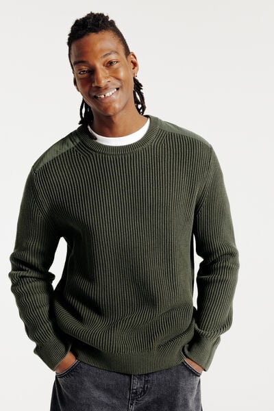 Pull col rond patch &eacute;paules