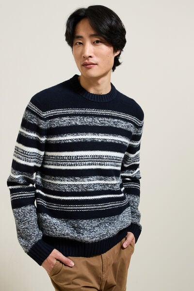 Pull col rond ray&eacute; jacquard